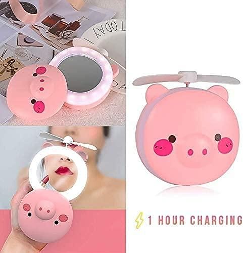 🐷💨 Cartoon Pig Pocket Fan with LED Light & Mirror – 3-in-1 Cute & Cool Companion!