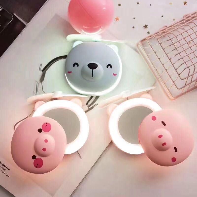 🐷💨 Cartoon Pig Pocket Fan with LED Light & Mirror – 3-in-1 Cute & Cool Companion!