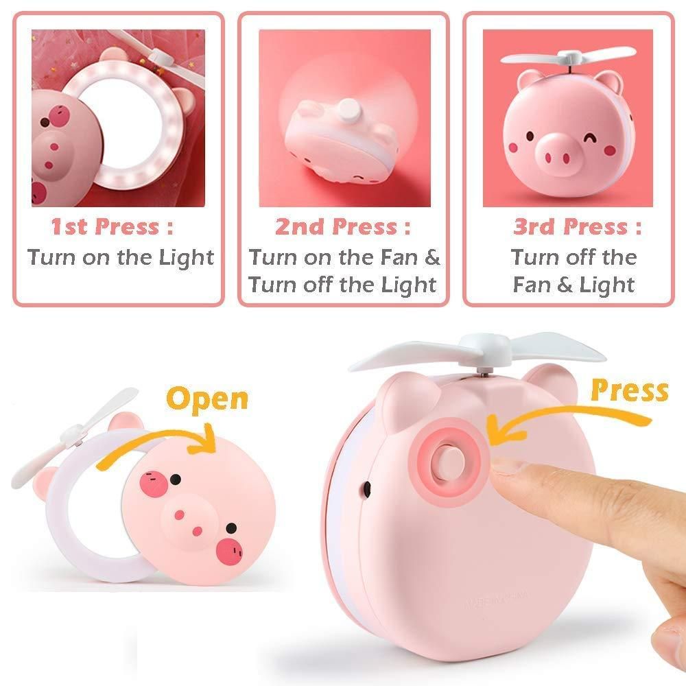 🐷💨 Cartoon Pig Pocket Fan with LED Light & Mirror – 3-in-1 Cute & Cool Companion!