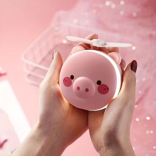 🐷💨 Cartoon Pig Pocket Fan with LED Light & Mirror – 3-in-1 Cute & Cool Companion!